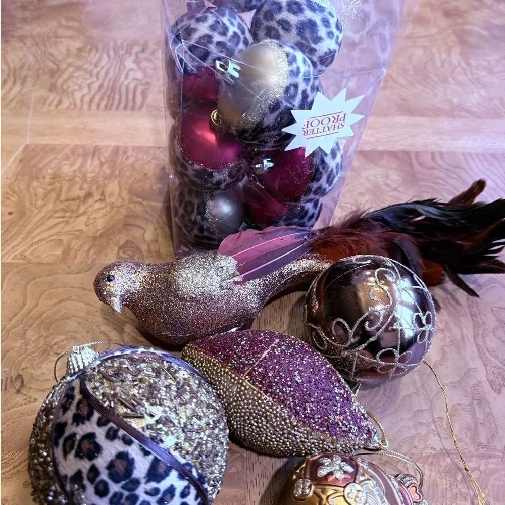 Glittery Holiday Ornament Set with Leopard Print and Burgundy Accents